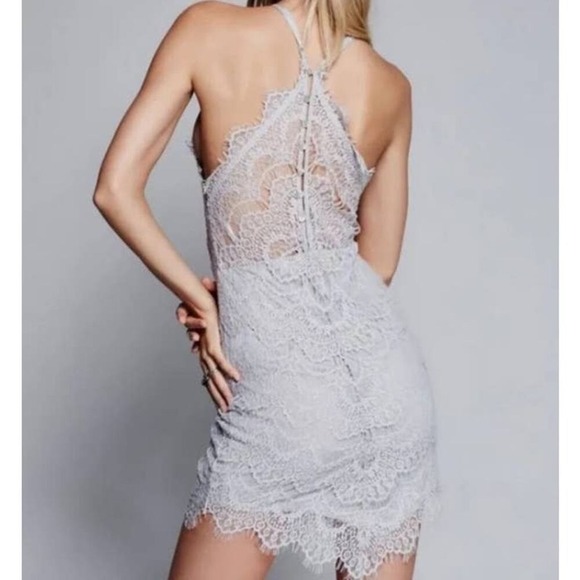 Free People Lace Halter Dress Womens XS Grey Boho Mini Fairy Festival Feminine - Picture 4 of 12